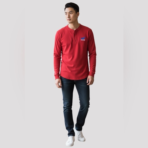 Hollister Vibrant Red Henley Shirt with Blue Logo 100% Cotton - Picture 5 of 9